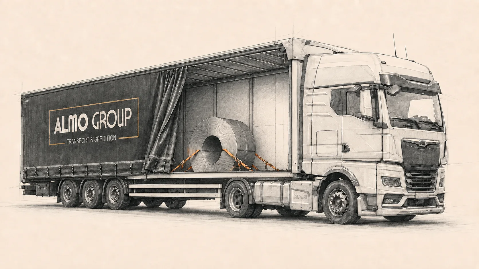 Technical illustration of an ALMO GROUP coil-well trailer carrying a secured steel coil