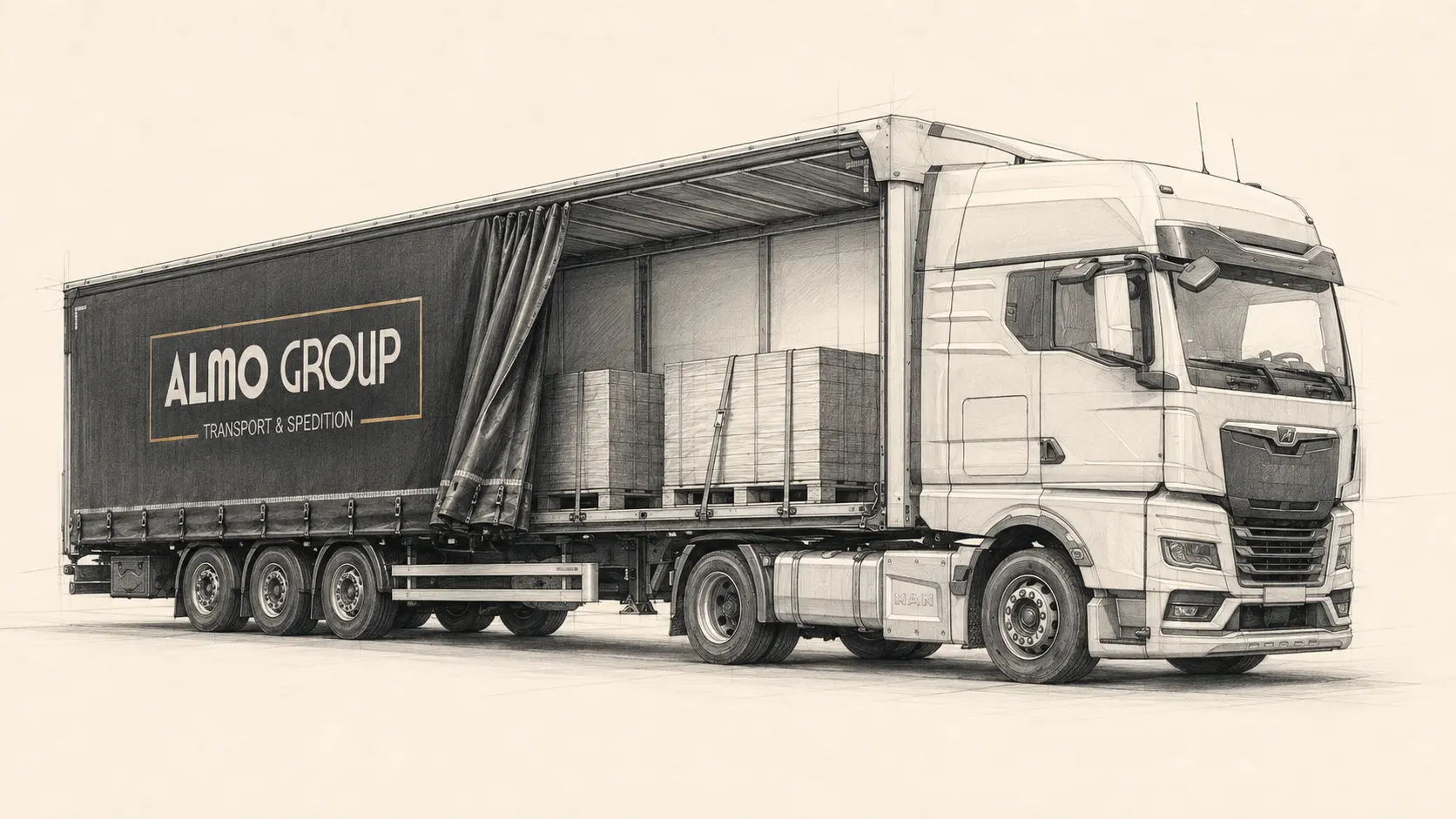Technical illustration of an ALMO GROUP curtainsider opened for side loading