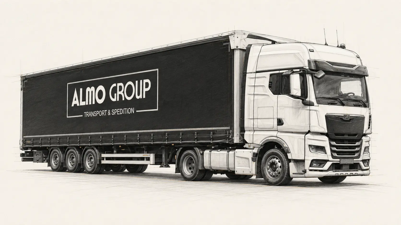 Technical illustration of an ALMO GROUP high-volume Mega curtainsider truck